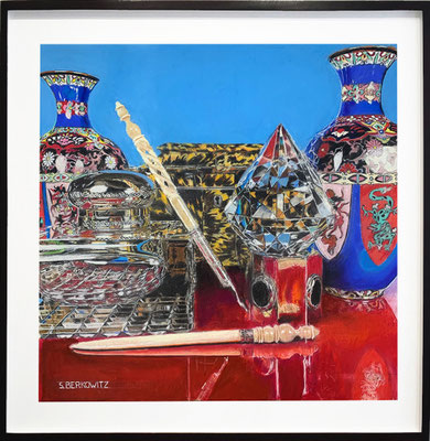 Sheldon Berkowitz, "Cloisonne, Tortoise Shell, Crystal and Brass," pastel over watercolor on paper, 29.5 x 29.5 inches, $15,000  (framed size: 40 x 40 inches)