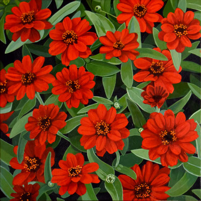 Andrew Woodward, "Zinnia Profusion Red Thrives," 2022, acrylic on panel, 12 x 12 inches, $2,400