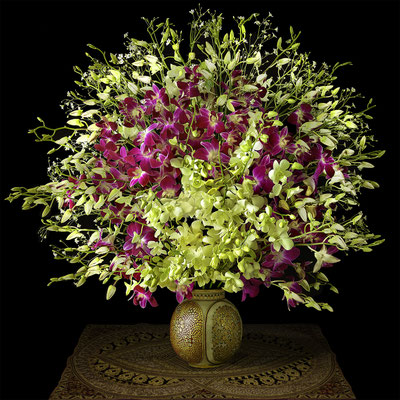 T.M. Glass, "Orchids in a Gold Colored Ceramic Vase," archival pigment print on hand-made Italian rag paper, available in 30 x 30 inches, 42 x 42", 52 x 52", and 58 x 58", contact for price