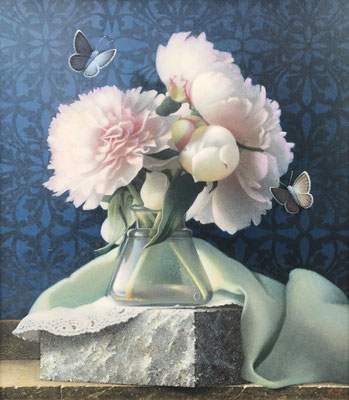 Koo Schadler, "Peonies, Green Cloth and Two Common Blues," egg tempera on true gesso and MDF panel, 13.5 x 12 x 1.5 inches framed - SOLD