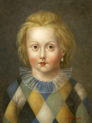 Fatima Ronquillo, "Acrobat with Pearl," 2016, oil on panel, 12 x 9 inches - SOLD