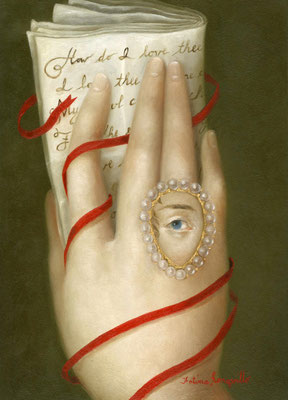 Fatima Ronquillo, "Hand with Elizabeth Barrett Browning's Sonnet 43," 2017, oil on panel, 7 x 5 inches - SOLD