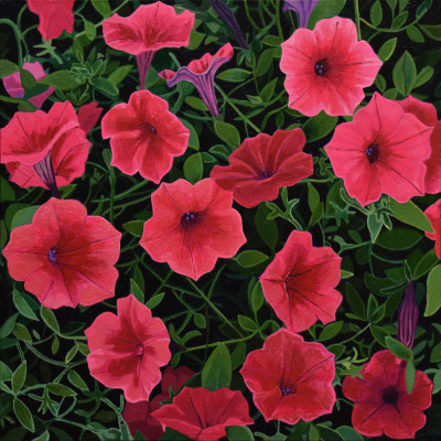 Andrew Woodward, "Red Petunias," 2022, acrylic on panel, 12 x 12 inches, $2,400