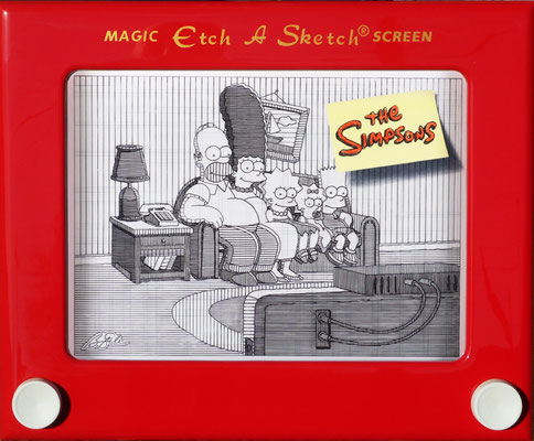 Ben Steele, "Sketching the Simpsons," 2021, oil on panel with mixed media, 24 x 29 x 4 inches - SOLD