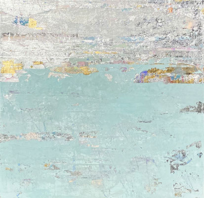 Takefumi Hori, "Silver and Color 70," 2021, acrylic, gold leaf, white-gold leaf, and metal leaf on canvas, 24 x 24 inches - SOLD