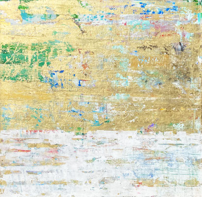 Takefumi Hori, "Gold and Color 107." 2021, acrylic, gold leaf, white-gold leaf, and metal leaf on canvas, 24 x 24 inches, $4,000
