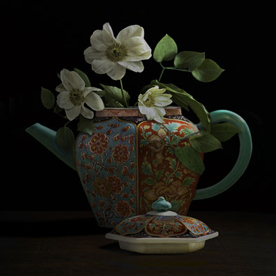 T.M. Glass, "Clematis in a Chinese Teapot," archival pigment print on hand-made Italian rag paper, available in 30 x 30 inches, 42 x 42", 52 x 52", and 58 x 58", contact for price 