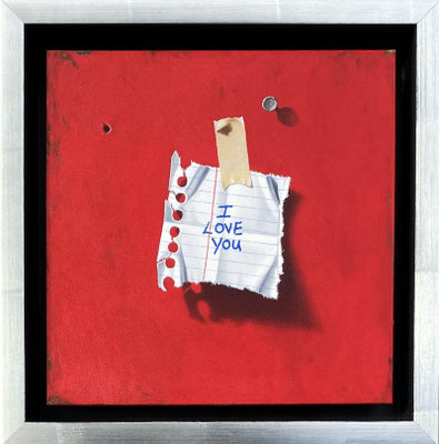 Otto Duecker, "Red Note with Nail," 2021, oil on panel, 8 x 8 inches - SOLD