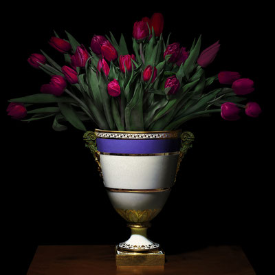 T.M. Glass, "Tulips in a Blue, White and Gold Vessel," archival pigment print on hand-made Italian rag paper, 52 x 52 inches (also available in 30 x 30", 42 x 42"; 58 x 58"), contact for price