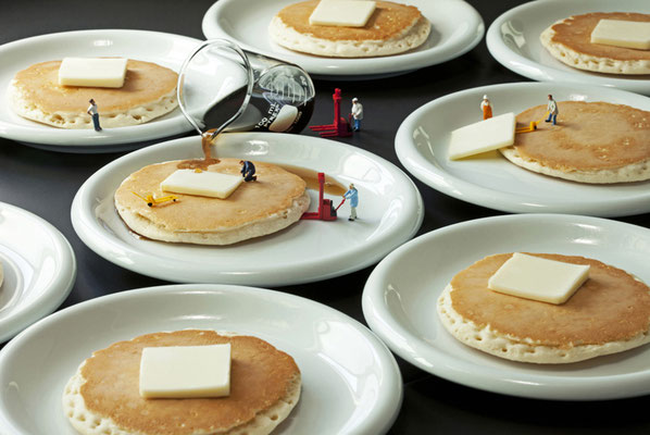 Christopher Boffoli, "Pancake Production," acrylic-dibond mounted photograph, 24 x 36 inches, (also available: 12 x 18, 32 x 48, 48 x 72)
