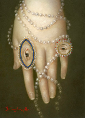 Fatima Ronquillo, "Hand with Pearls and Lover's Eyes," 2017, oil on panel, 7 x 5 inches - SOLD