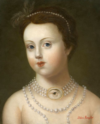 Fatima Ronquillo, "Girl with Pearls and Lover's Eye," 2017, oil on panel, 10 x 8 inches - SOLD