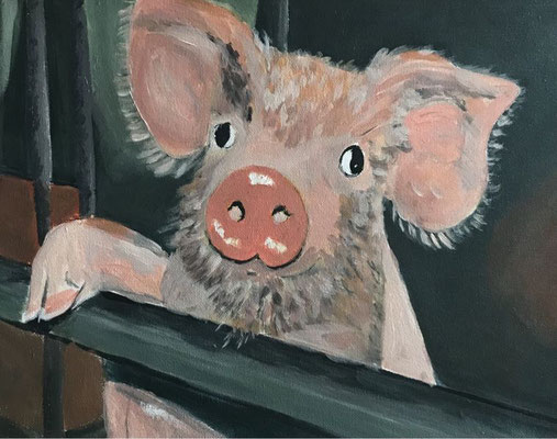 Old Mac Donald has a Pig! ,2022,Acryl auf Leinwand, 30 x 40 cm
