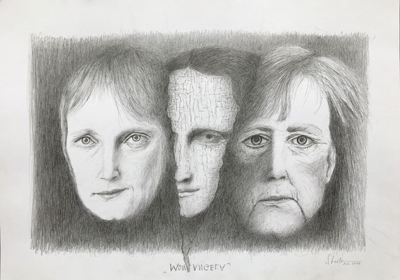 Mon Angela (Mona Lisa und Angela Merkel), 2019, Zeichnung, 30 x 40 cm (#1029)