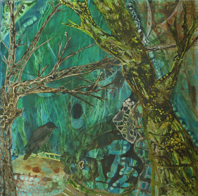 Biotop I, 80 x 80 cm, Acryl und Tusche auf Textil