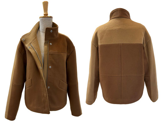 Upcycling-Jacke, gefertigt aus einem alten Kaschmirmantel und veredelt durch Patchwork-Details aus neuem Kaschmir