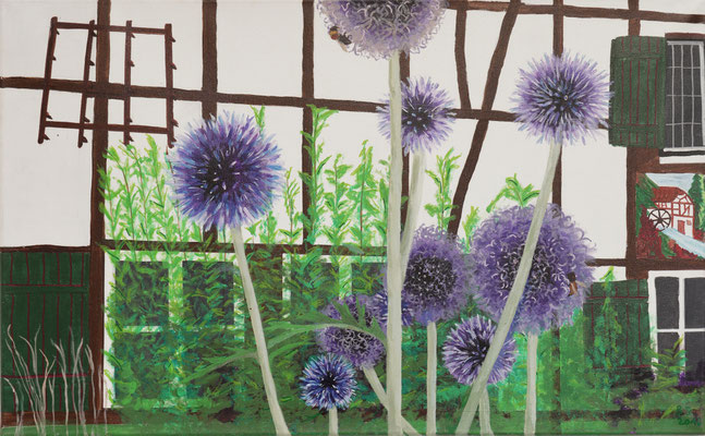 Distelblüten vor Fachwerk, Acryl auf Leinwand