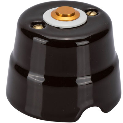 Pulsante in ottone 2AX 48V Fanton FME84003 – serie Country con supporto in ceramica marrone, ideale per impianti elettrici a vista in stile classico o retrò.