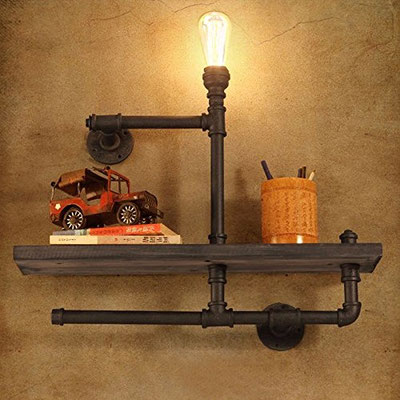 mensola +ripiani +legno +vintage +lampada +industriale +stile +urbano +loft +pub +tubi +raccordi +idraulici +Steampunk