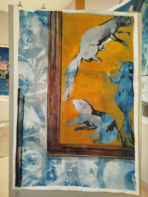 La tapisserie, technique mixte sur papier, 74,5 x 109 cm, 2024