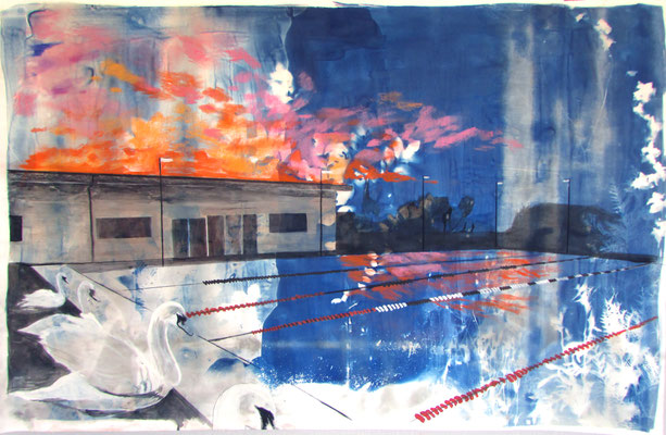 La piscine de Lir, technique mixte sur papier, 132 x 203 cm, 2024