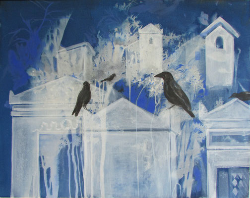 Black birds, cyanotype et acrylique sur toile, 73 x 92 cm