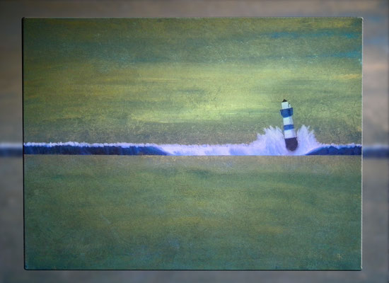 "Goldener Abend, blauer Leuchtturm" 2015 (Acryl und Ölpastellkreide auf Leinwand, 60 x 80)