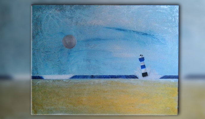 "Blauer Leuchtturm mit Mond" 2015 (Acryl und Ölpastellkreide auf Leinwand, 60 x 80)