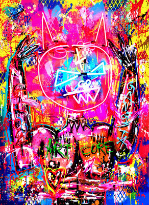 PERSONAL JESUS, 2021, mixed media and neon light with dimmer on wood, 140x100cm