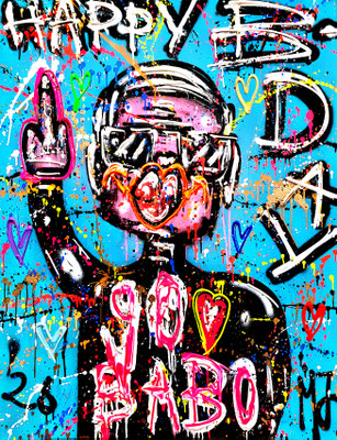 HAPPY 90. B-DAY BABO, 2026, mixed media on canvas, 120x90cm