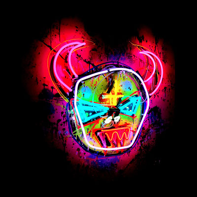 SYMPATHY FOR THE DEVIL 5,2022, mixed media and neon light on wood, 2022, 100x100cm