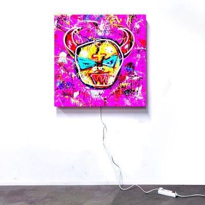 SYMPATHY FOR THE DEVIL 5, mixed media and neon light on wood, 2022, 100x100cm