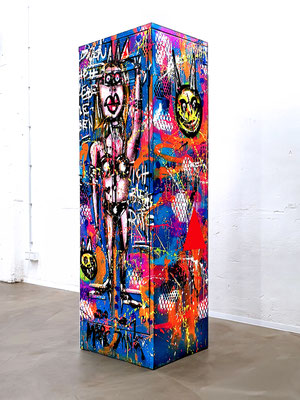 LOCKED N LOADED, 2021, mixed media on steel cabinet, 185x62x49cm