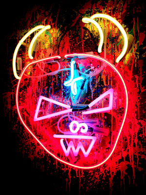 SYMPATHY FOR THE DEVIL 3, 2021, mixed media and neon light on wood, 80x70x6,5cm (golden background)