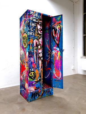 LOCKED N LOADED, 2021, mixed media on steel cabinet, 185x62x49cm