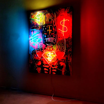 MO MONEY MO PROBLEMS, 2022, mixed media and neon light on wood, 140x100x15cm