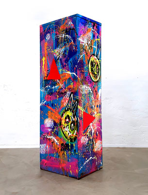 LOCKED N LOADED, 2021, mixed media on steel cabinet, 185x62x49cm