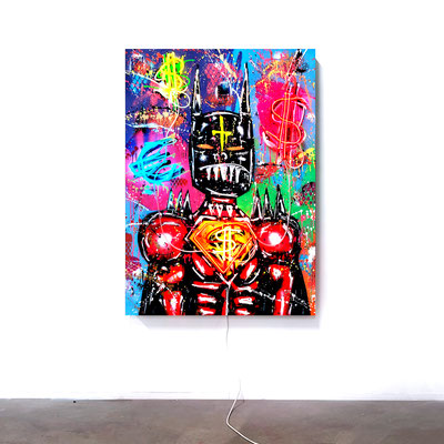 MO MONEY MO PROBLEMS, 2022, mixed media and neon light on wood, 140x100x15cm