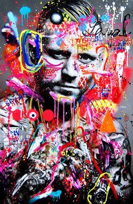 MARC JUNG X MARCO FISCHER // KONTRA K DER LETZTE WOLF, 2019, mixed media on canvas, 115x75cm