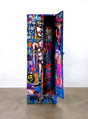 LOCKED N LOADED, 2021, mixed media on steel cabinet, 185x62x49cm