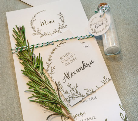 Menükarte und Namenskärtchen Greenery Hochzeit