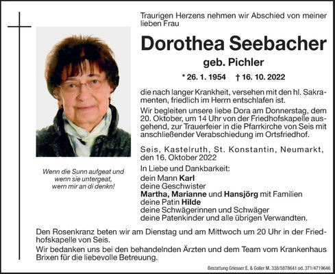 zu 10.43.7, Dorothea Seebacher geb. Pichler +16.10.2022 Seis