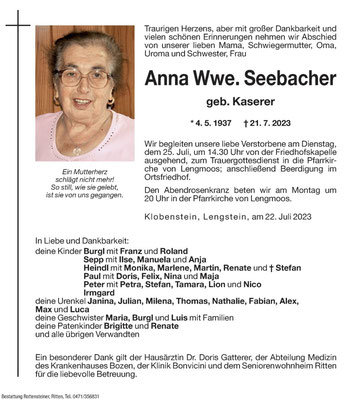 10.46.2 Anna Seebacher, geb. Kaserer +21.7.2023