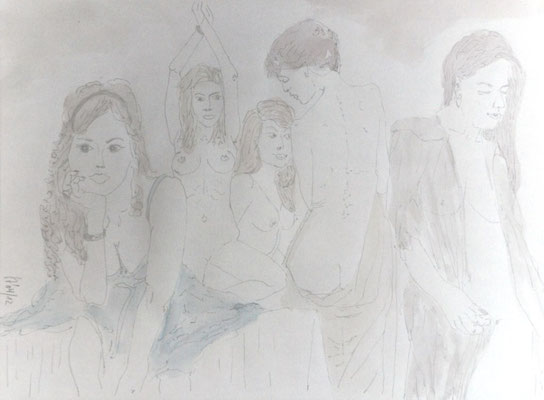 Freundinnen im Harem, 2012, Bleistift mit Aquarell auf Papier 38 x 30 
