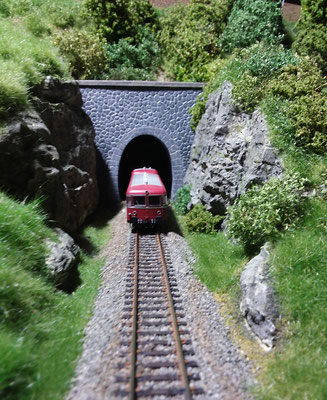 VT98 verlässt den Tunnel von Bahnhof Eichstätt kommend.......