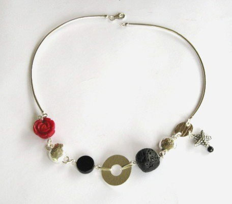 "Medley" Necklace, Onyx, Red Coral & Black Stone