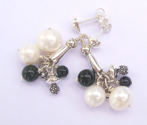 "Madonna" Earrings, Pearl, Onxy & Sterling Silver 