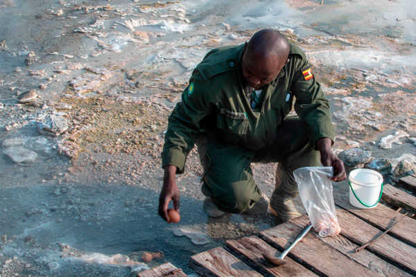 Justice, a Semiliki ranger with a passion for entomology, cooks us an egg in the Semuliki hot springs.