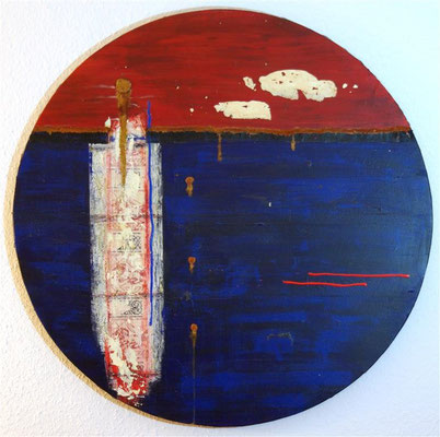 Blau Rot und Rost - Acrylmischtechnik auf Leinwand, Durchmesser 80 cm