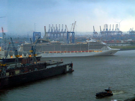 Die "MSC Preziosa" verlässt den Hamburger Hafen. (https://de.wikipedia.org/wiki/MSC_Preziosa)